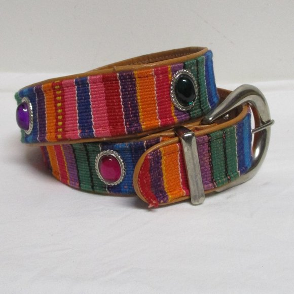 Southwestern Colorful Striped Woven Belt sz M Cabochon Conchos - Picture 1 of 7